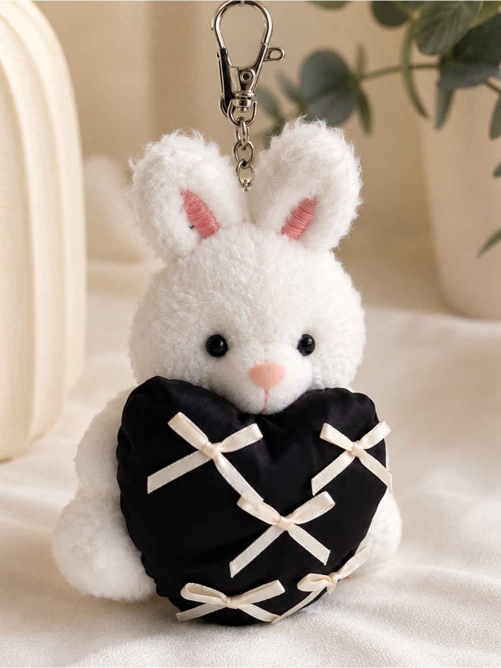 5 for $25 | Plush White Bunny Keychain with Black Heart
